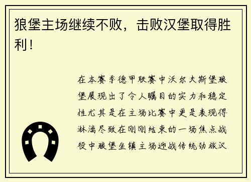狼堡主场继续不败，击败汉堡取得胜利！